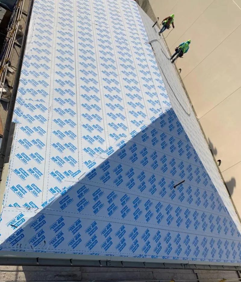 Professional roofers installing underlayment on a metal roof in Oldsmar